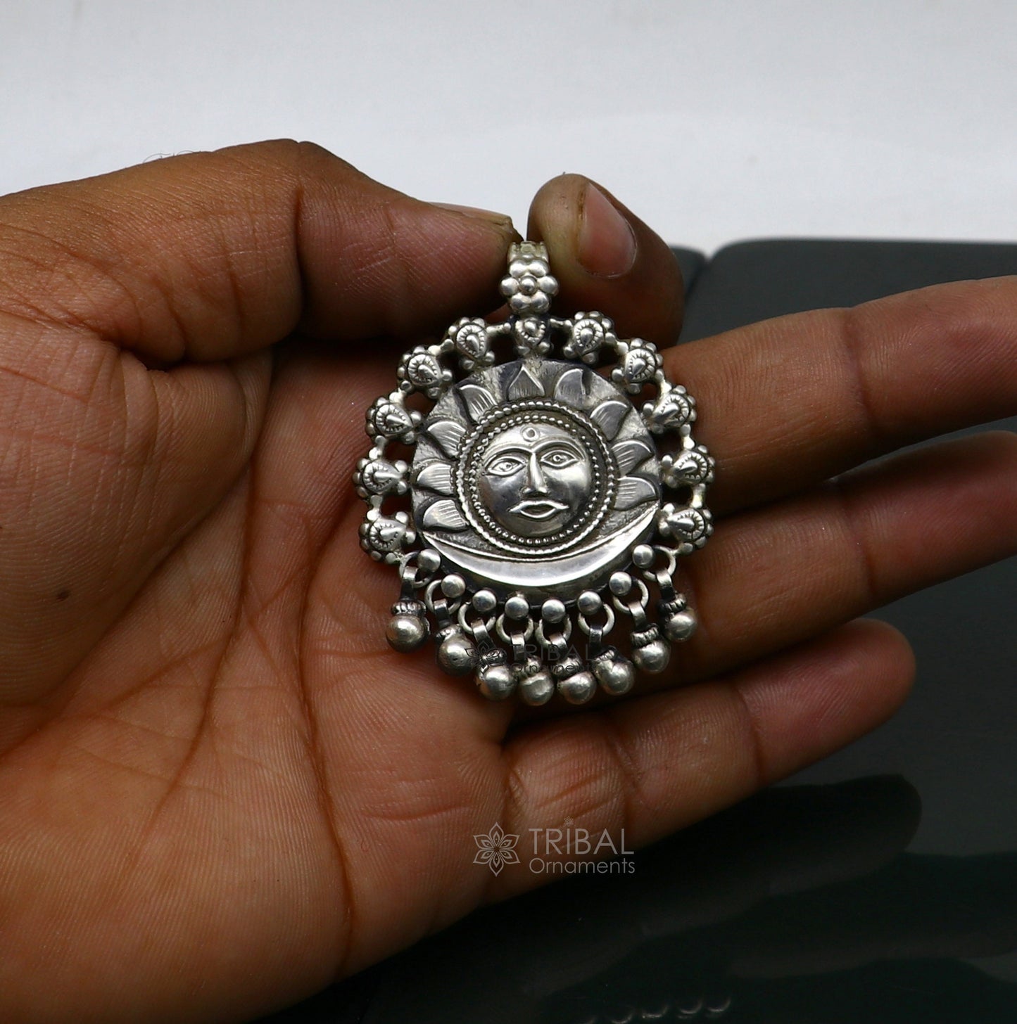 30" 4 mm Beaded chain with amazing sun face pendant 925 sterling silver handmade charm necklace with fabulous hanging drops jewelry set628 - TRIBAL ORNAMENTS