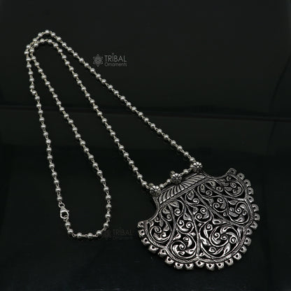 Sterling silver 30-inch beaded tribal pendant necklace with traditional cultural design, ideal for brides and ethnic jewelry styles.