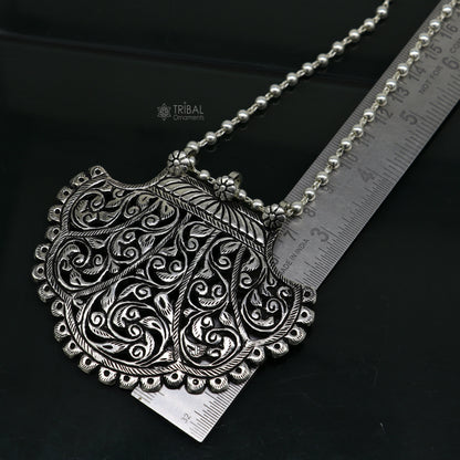 Beaded chain sterling silver pendant necklace with tribal ethnic design, 30 inches long, traditional and trendy jewelry for brides