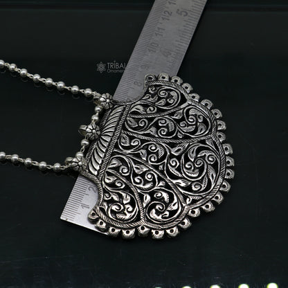 30-inch beaded chain traditional tribal style sterling silver pendant necklace with ethnic jewelry design by TRIBAL ORNAMENTS.