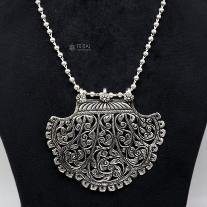 Sterling silver 30-inch beaded chain necklace with traditional tribal pendant, ethnic jewelry for brides and cultural occasions.