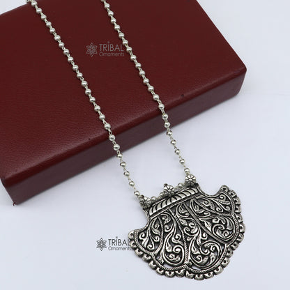 Beaded 30-inch traditional tribal sterling silver pendant necklace with intricate ethnic design, ideal for brides or cultural occasions.