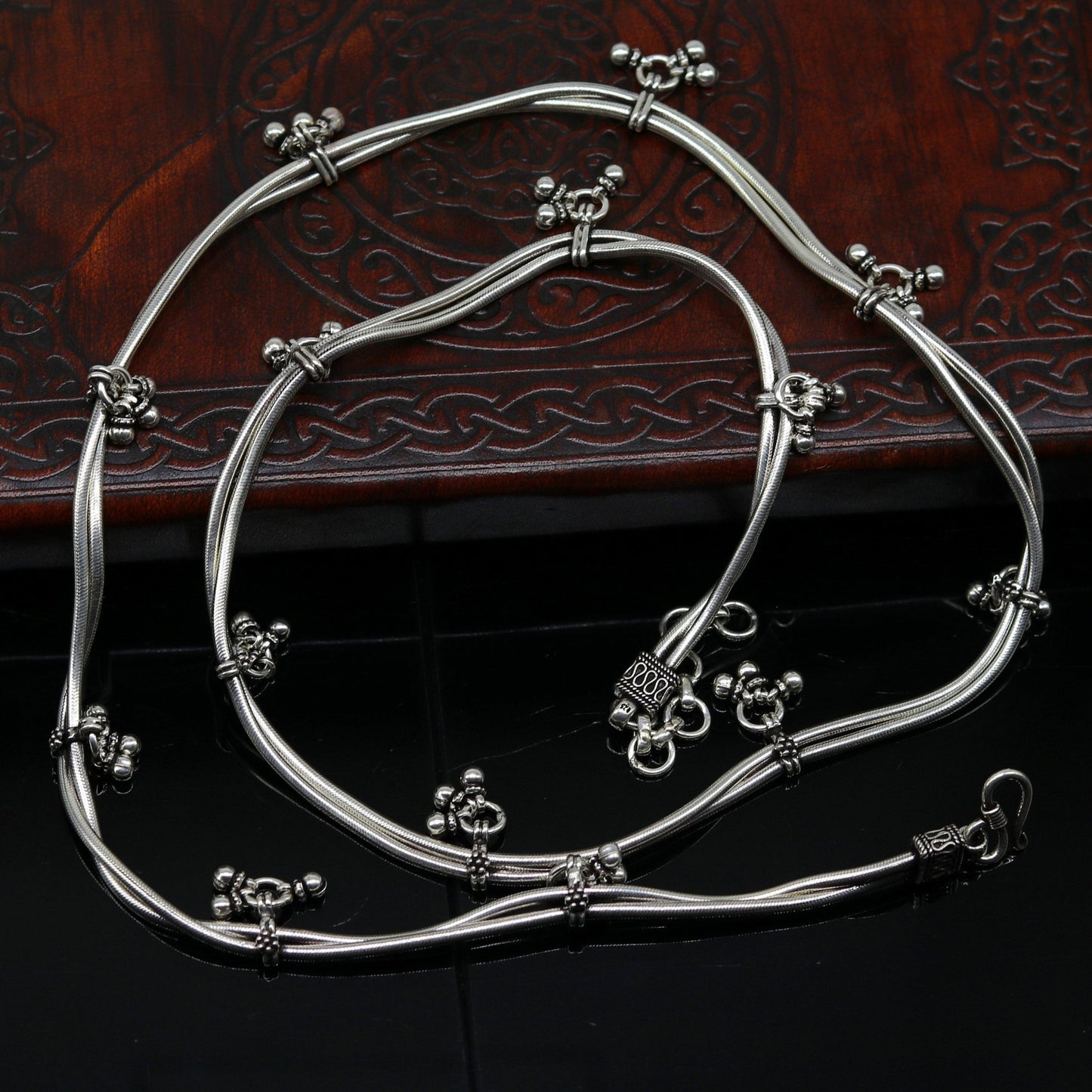 32" to 34" handmade adjustable 925 sterling silver double strands snake chain waist belt, belly chain waist chain with hanging drops nwch20 - TRIBAL ORNAMENTS