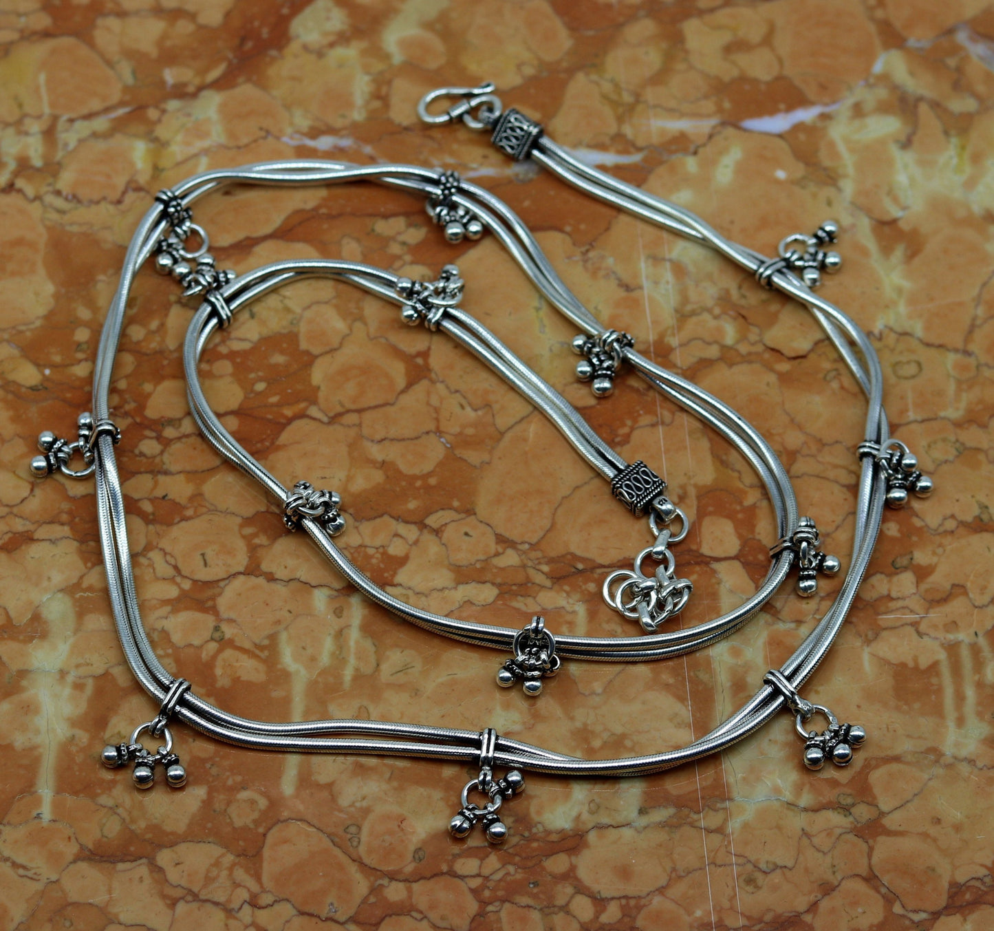 32" to 34" handmade adjustable 925 sterling silver double strands snake chain waist belt, belly chain waist chain with hanging drops nwch20 - TRIBAL ORNAMENTS