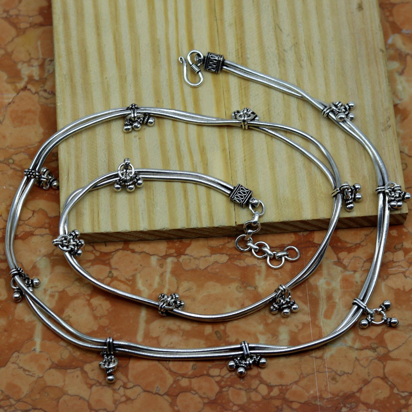 34" to 36.5" handmade adjustable 925 sterling silver double line snake chain waist belt, belly chain waist chain with hanging drops nwch21 - TRIBAL ORNAMENTS