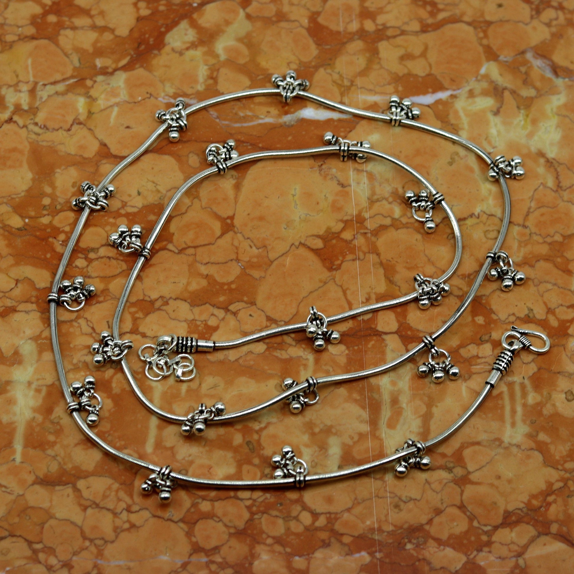 34" to 36" handmade adjustable 925 sterling silver snake chain waist belt, belly chain waist chain with hanging drops tribal jewelry nwch17 - TRIBAL ORNAMENTS