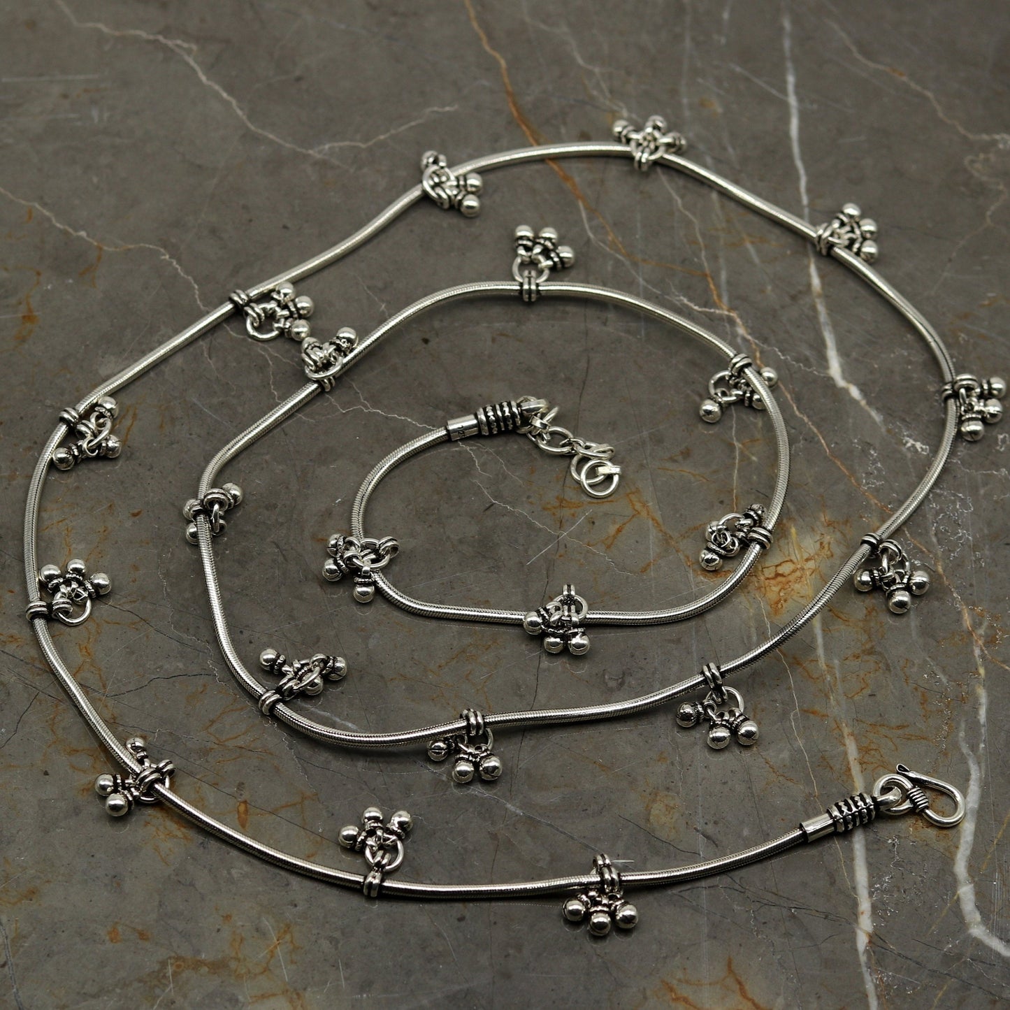 34" to 36" handmade adjustable 925 sterling silver snake chain waist belt, belly chain waist chain with hanging drops tribal jewelry nwch17 - TRIBAL ORNAMENTS