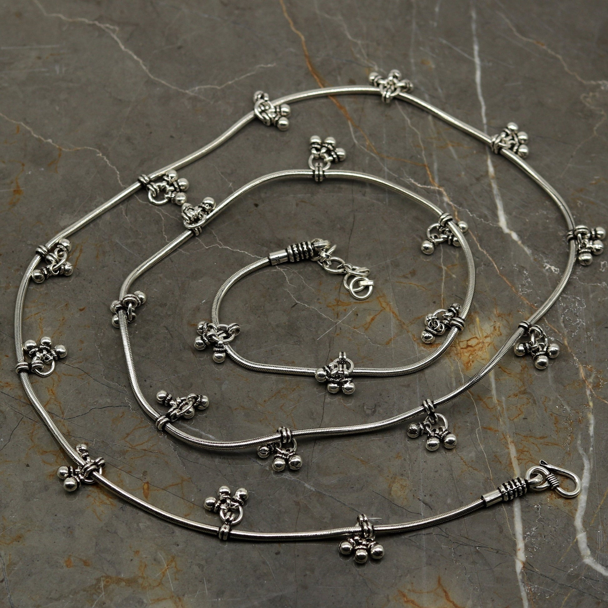 34" to 36" handmade adjustable 925 sterling silver snake chain waist belt, belly chain waist chain with hanging drops tribal jewelry nwch17 - TRIBAL ORNAMENTS