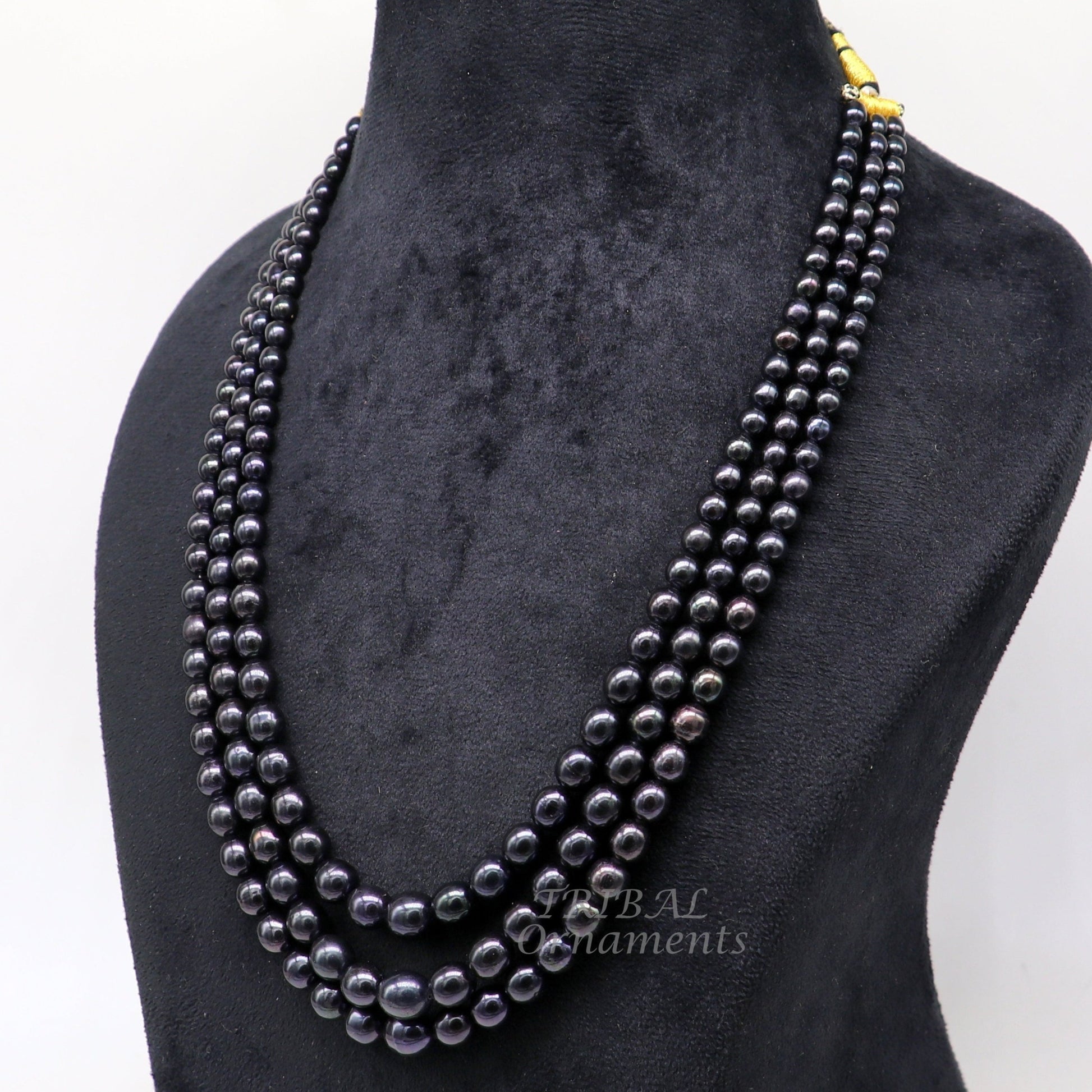 Tribal Ornaments 399 carats freshwater pearl necklace set with 4-9mm pearls, three-layer string, suitable for wedding or daily wear.