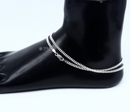 Sterling silver 3mm beaded anklet bracelet with delicate 10.5-inch ball chain, lightweight belly dance jewelry from TRIBAL ORNAMENTS.