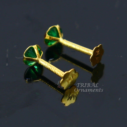 3mm 18k yellow gold handmade fabulous green cubic zircon stone excellent antique vintage design stud earrings pair unisex jewelry er156 - TRIBAL ORNAMENTS