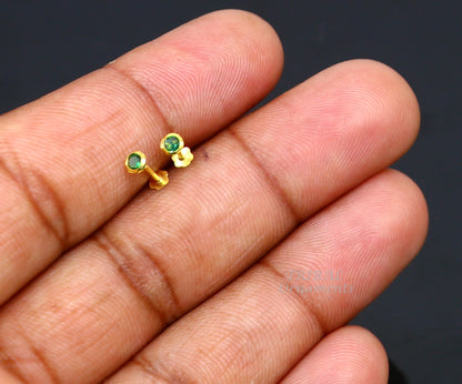 3mm 18k yellow gold handmade fabulous green cubic zircon stone excellent antique vintage design stud earrings pair unisex jewelry er156 - TRIBAL ORNAMENTS