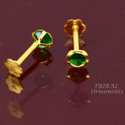 3mm 18k yellow gold handmade fabulous green cubic zircon stone excellent antique vintage design stud earrings pair unisex jewelry er156 - TRIBAL ORNAMENTS