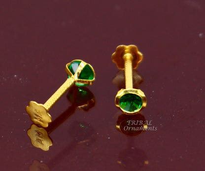 3mm 18k yellow gold handmade fabulous green cubic zircon stone excellent antique vintage design stud earrings pair unisex jewelry er156 - TRIBAL ORNAMENTS