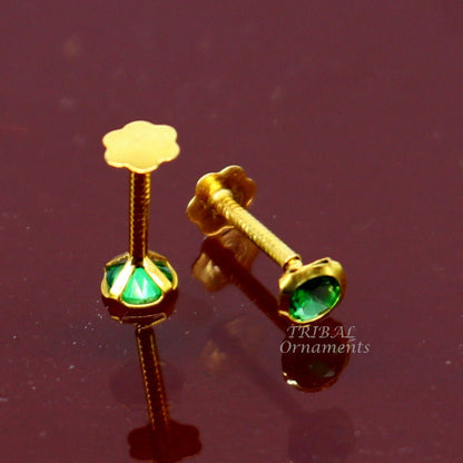 3mm 18k yellow gold handmade fabulous green cubic zircon stone excellent antique vintage design stud earrings pair unisex jewelry er156 - TRIBAL ORNAMENTS