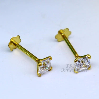 18k yellow gold handmade square stud earring with white stone, back screw design, unisex cartilage jewelry by TRIBAL ORNAMENTS