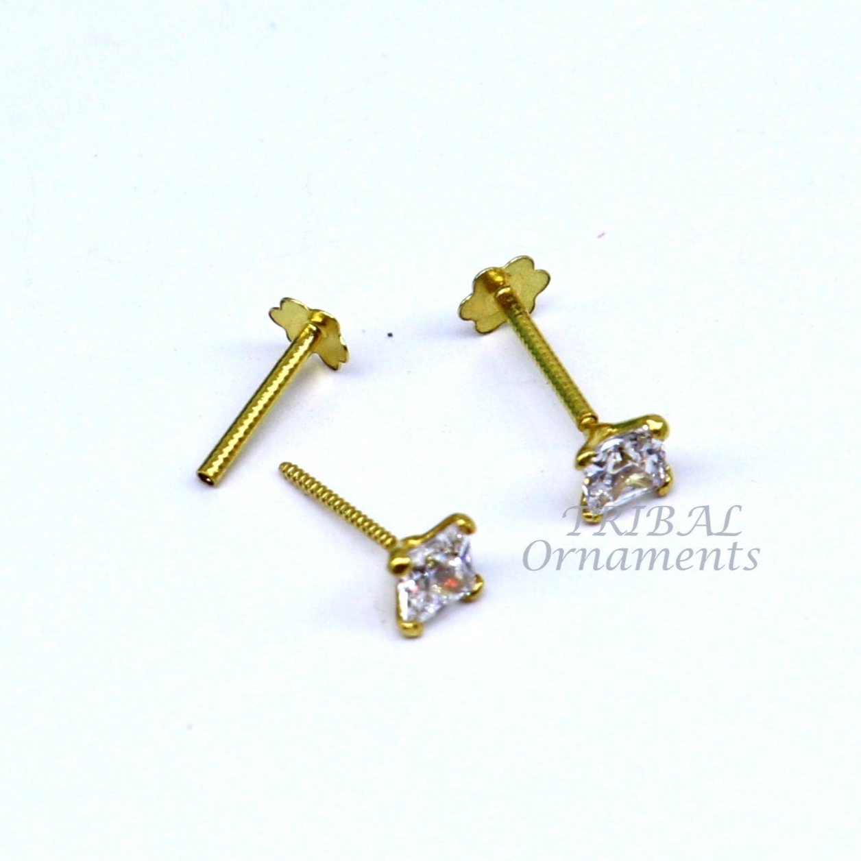3mm 18kt yellow gold handmade single white stone back screw square shape stud earring cartilage customized unisex jewelry er144 - TRIBAL ORNAMENTS