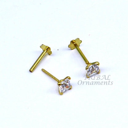 18kt yellow gold handmade square stud earring with white stone, back screw design, unisex cartilage jewelry by TRIBAL ORNAMENTS