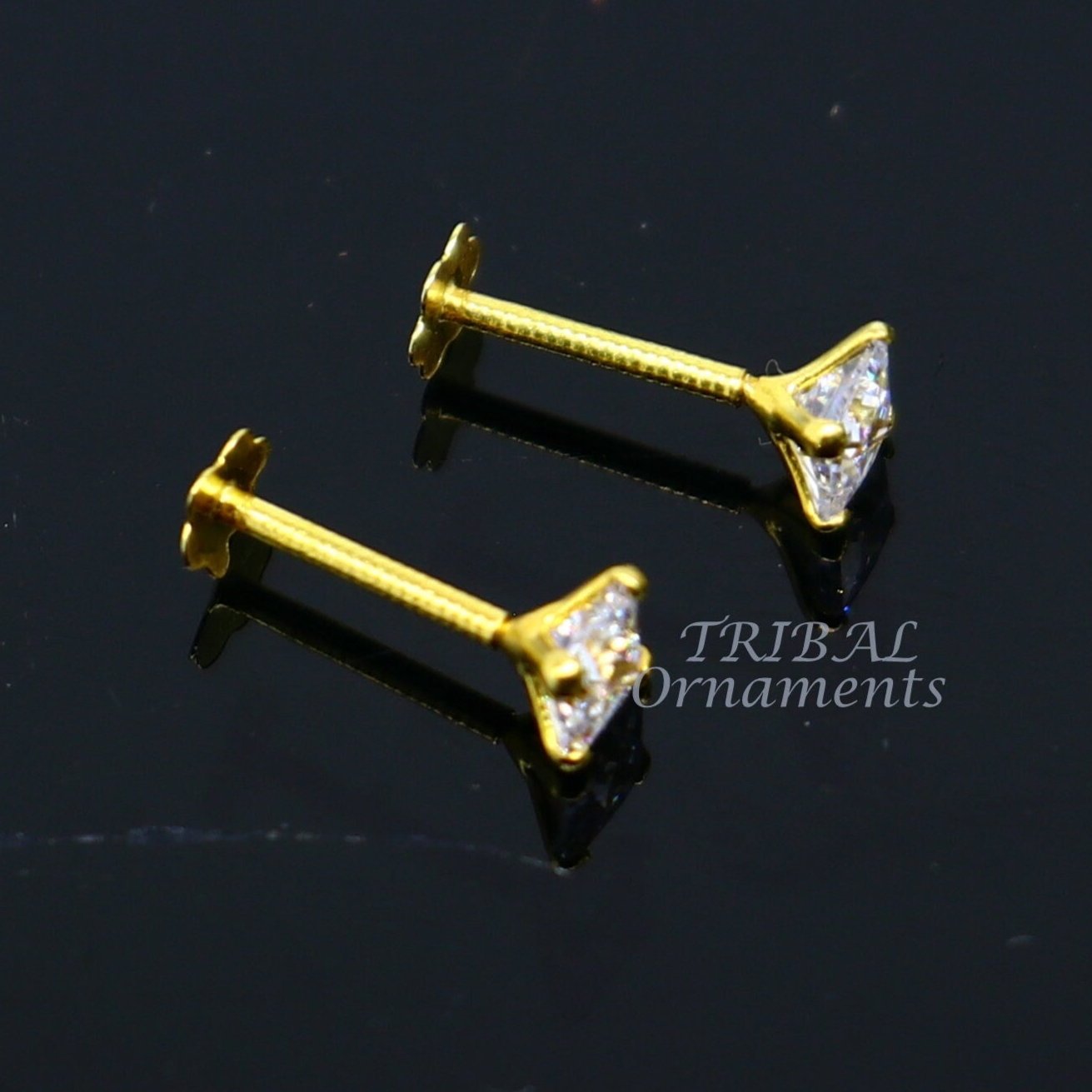 3mm 18kt yellow gold handmade single white stone back screw square shape stud earring cartilage customized unisex jewelry er144 - TRIBAL ORNAMENTS