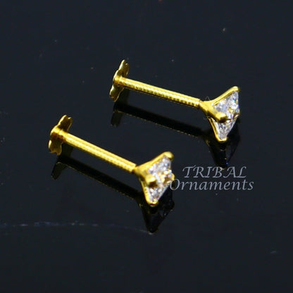 18kt yellow gold handmade square stud earring with white stone, back screw design, unisex cartilage jewelry by TRIBAL ORNAMENTS