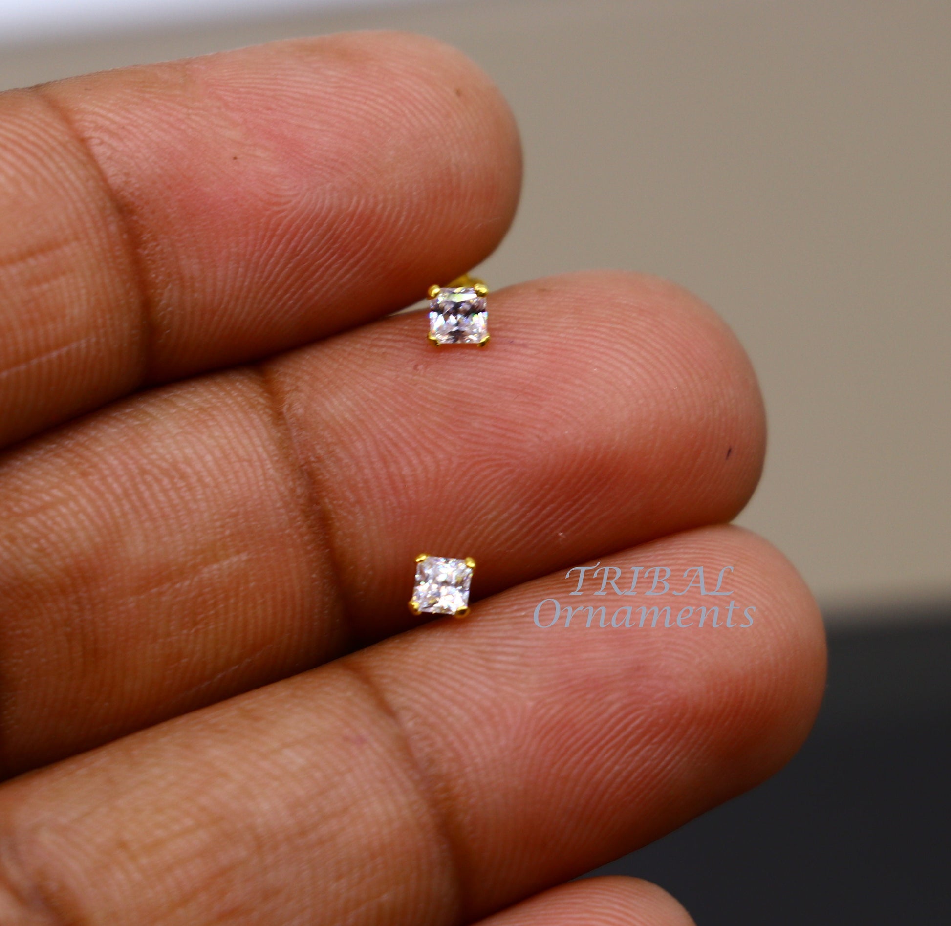 3mm 18kt yellow gold handmade single white stone back screw square shape stud earring cartilage customized unisex jewelry er144 - TRIBAL ORNAMENTS