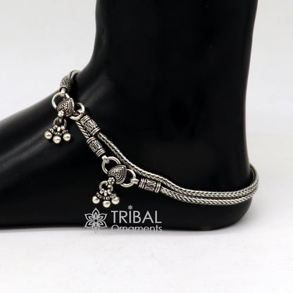 Sterling silver handmade wheat chain ankle bracelet with vintage oxidized tribal charm, perfect for belly dance or boho style accessories.