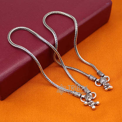 Sterling silver handmade wheat chain ankle bracelet with vintage oxidized charm, tribal design for belly dance or casual wear.