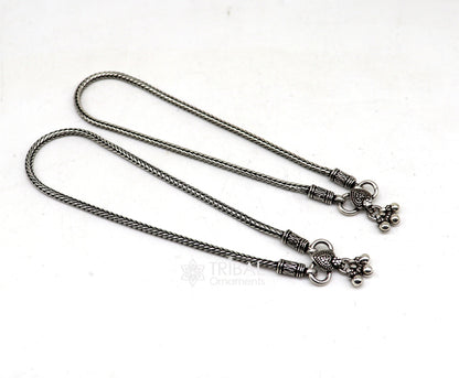 Sterling silver handmade wheat chain ankle bracelet with vintage oxidized charm, tribal design, perfect for tribal belly dance jewelry.