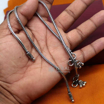 Sterling silver handmade 3mm wheat chain ankle bracelet with vintage oxidized tribal charm, perfect for tribal belly dance jewelry.