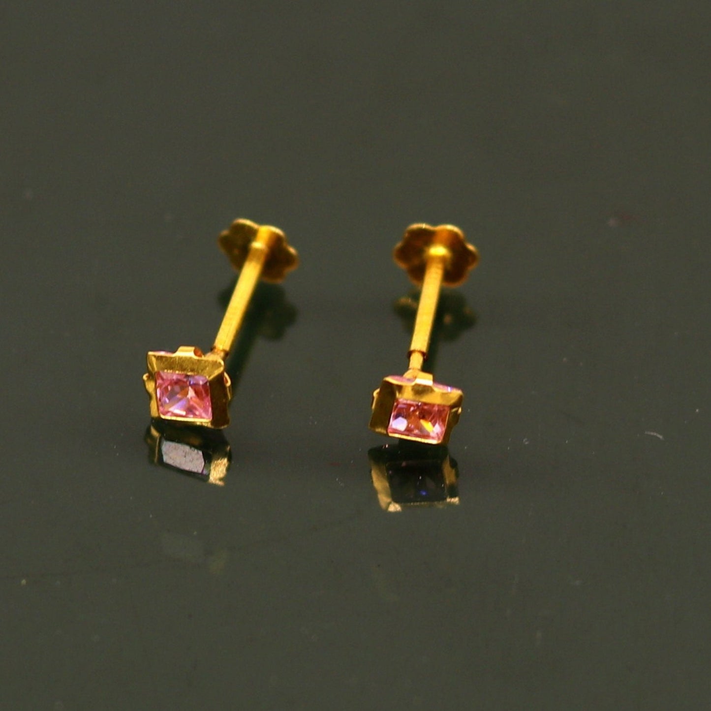 3mm tiny single pink stone handmade 18kt yellow gold combo jewelry we can use as stud or nose stud , baby stud cartilage jewelry er111 - TRIBAL ORNAMENTS