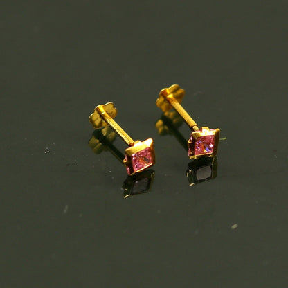 3mm tiny single pink stone handmade 18kt yellow gold combo jewelry we can use as stud or nose stud , baby stud cartilage jewelry er111 - TRIBAL ORNAMENTS