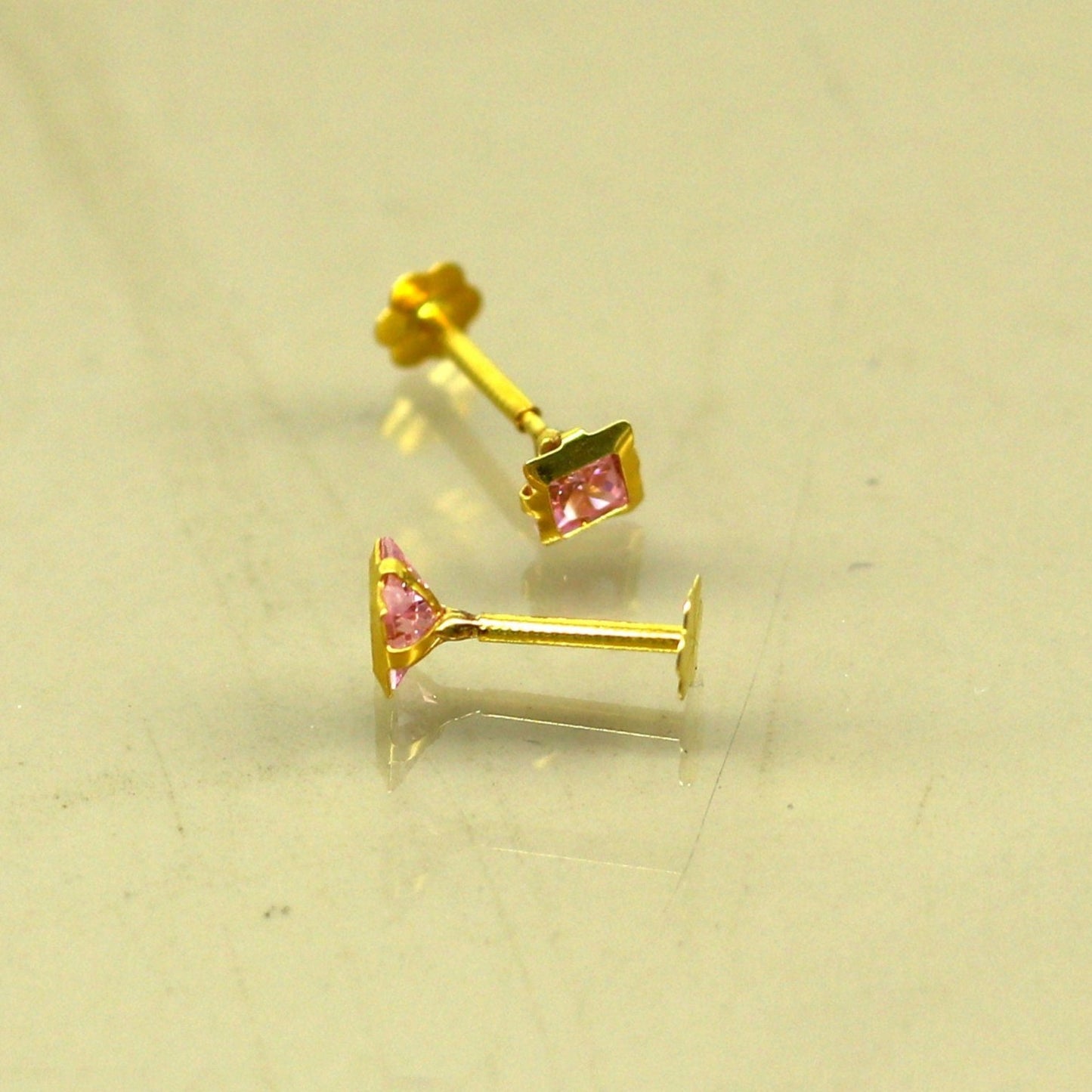 3mm tiny single pink stone handmade 18kt yellow gold combo jewelry we can use as stud or nose stud , baby stud cartilage jewelry er111 - TRIBAL ORNAMENTS
