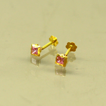 3mm tiny single pink stone handmade 18kt yellow gold combo jewelry we can use as stud or nose stud , baby stud cartilage jewelry er111 - TRIBAL ORNAMENTS