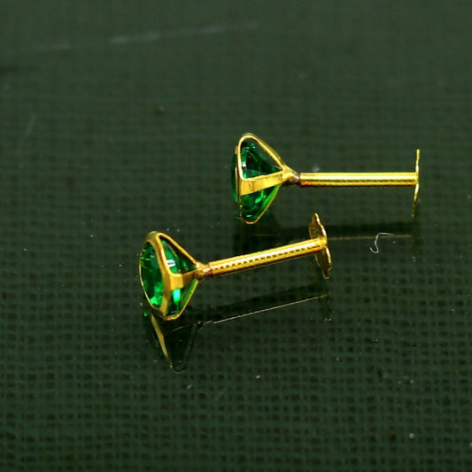 4.2mm 18k yellow gold handmade fabulous green cubic zircon stone excellent antique vintage design stud earrings pair unisex jewelry er113 - TRIBAL ORNAMENTS