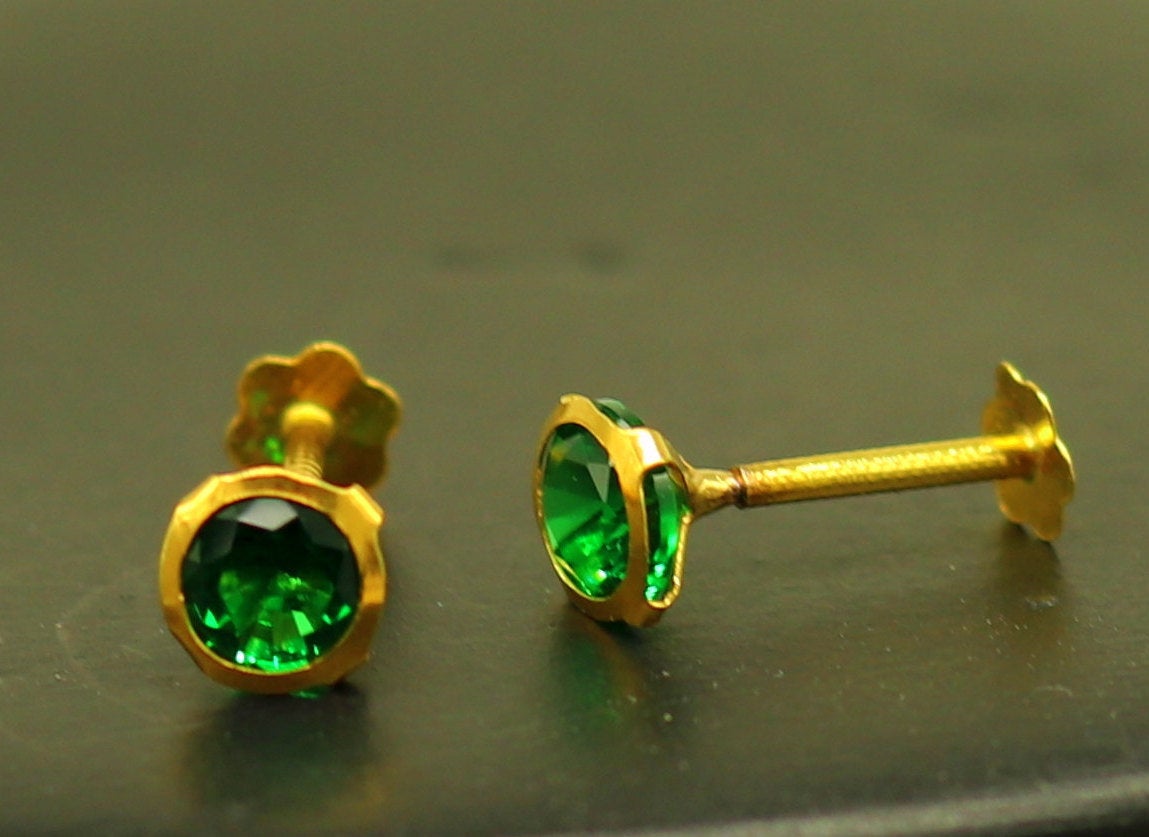 4.2mm 18k yellow gold handmade fabulous green cubic zircon stone excellent antique vintage design stud earrings pair unisex jewelry er113 - TRIBAL ORNAMENTS