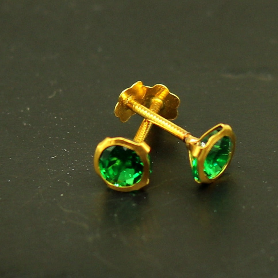 4.2mm 18k yellow gold handmade fabulous green cubic zircon stone excellent antique vintage design stud earrings pair unisex jewelry er113 - TRIBAL ORNAMENTS