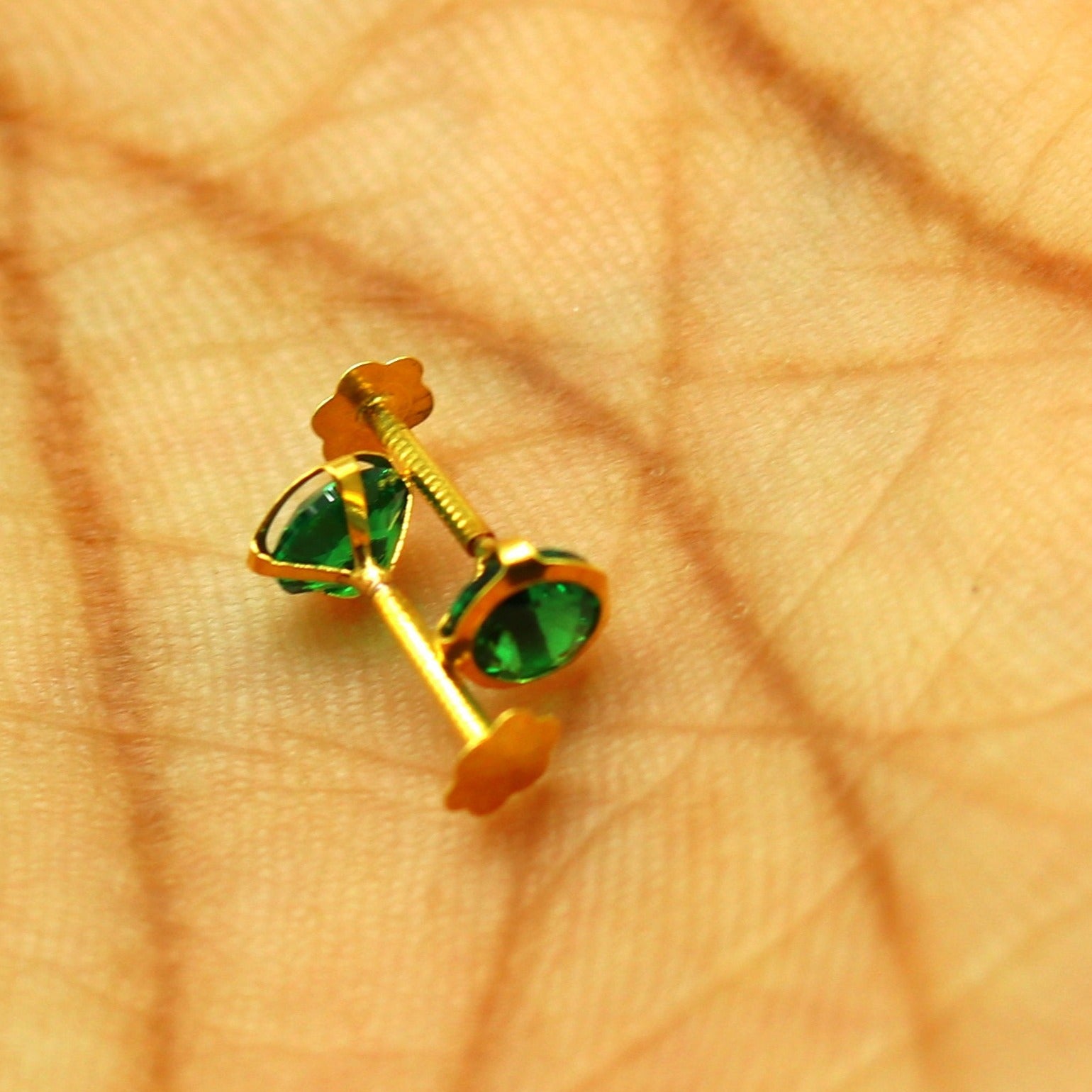 4.2mm 18k yellow gold handmade fabulous green cubic zircon stone excellent antique vintage design stud earrings pair unisex jewelry er113 - TRIBAL ORNAMENTS