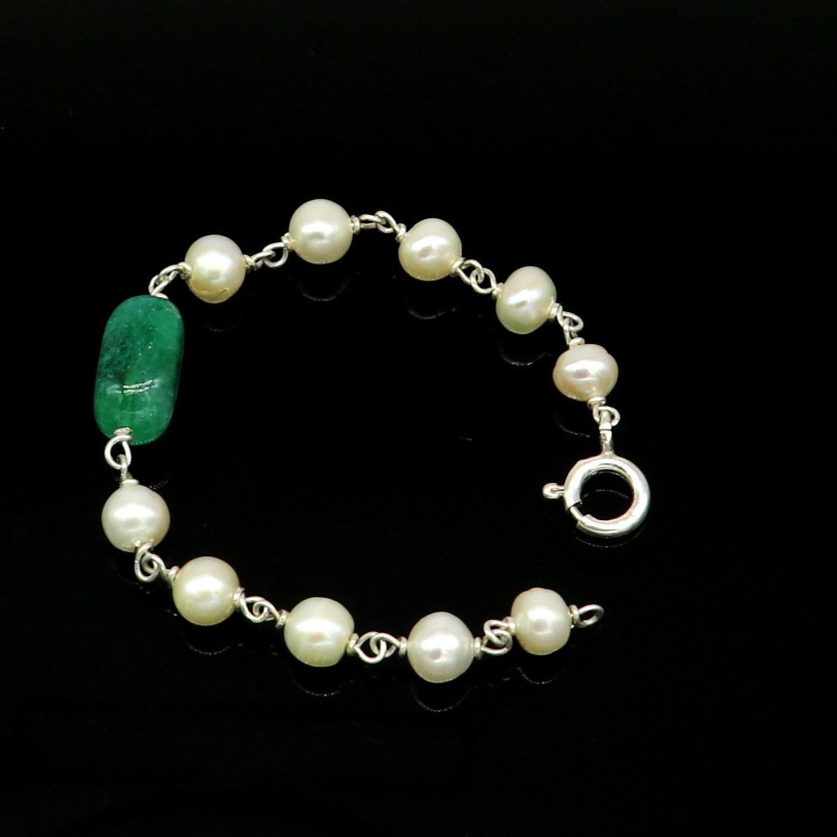 4.5 inches long handmade 925 sterling silver beaded bracelet, pearl and jade stone baby bracelet, unisex new born kids jewelry bbr5 - TRIBAL ORNAMENTS