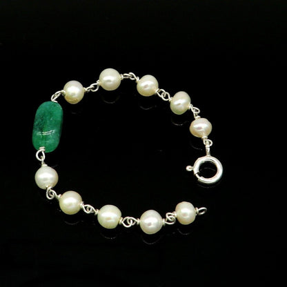 4.5 inches long handmade 925 sterling silver beaded bracelet, pearl and jade stone baby bracelet, unisex new born kids jewelry bbr5 - TRIBAL ORNAMENTS