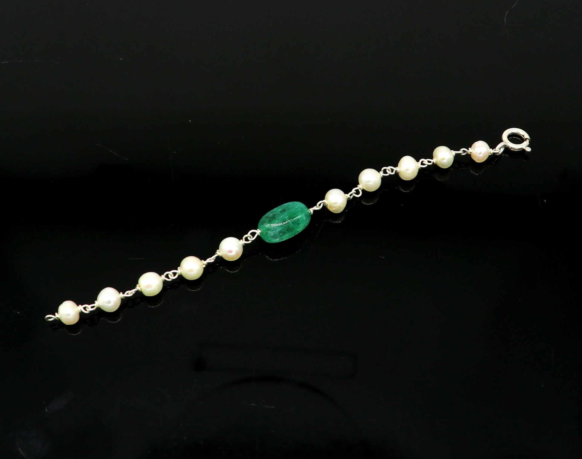 4.5 inches long handmade 925 sterling silver beaded bracelet, pearl and jade stone baby bracelet, unisex new born kids jewelry bbr5 - TRIBAL ORNAMENTS