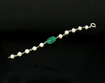 4.5 inches long handmade 925 sterling silver beaded bracelet, pearl and jade stone baby bracelet, unisex new born kids jewelry bbr5 - TRIBAL ORNAMENTS