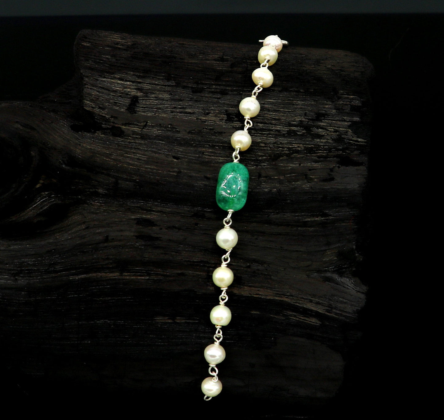 4.5 inches long handmade 925 sterling silver beaded bracelet, pearl and jade stone baby bracelet, unisex new born kids jewelry bbr5 - TRIBAL ORNAMENTS