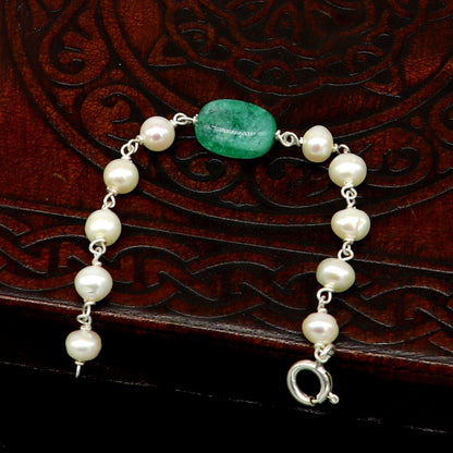 4.5 inches long handmade 925 sterling silver beaded bracelet, pearl and jade stone baby bracelet, unisex new born kids jewelry bbr5 - TRIBAL ORNAMENTS