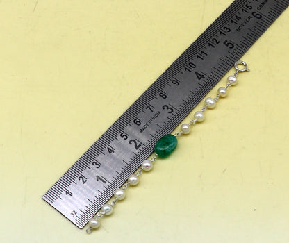 4.5 inches long handmade 925 sterling silver beaded bracelet, pearl and jade stone baby bracelet, unisex new born kids jewelry bbr5 - TRIBAL ORNAMENTS