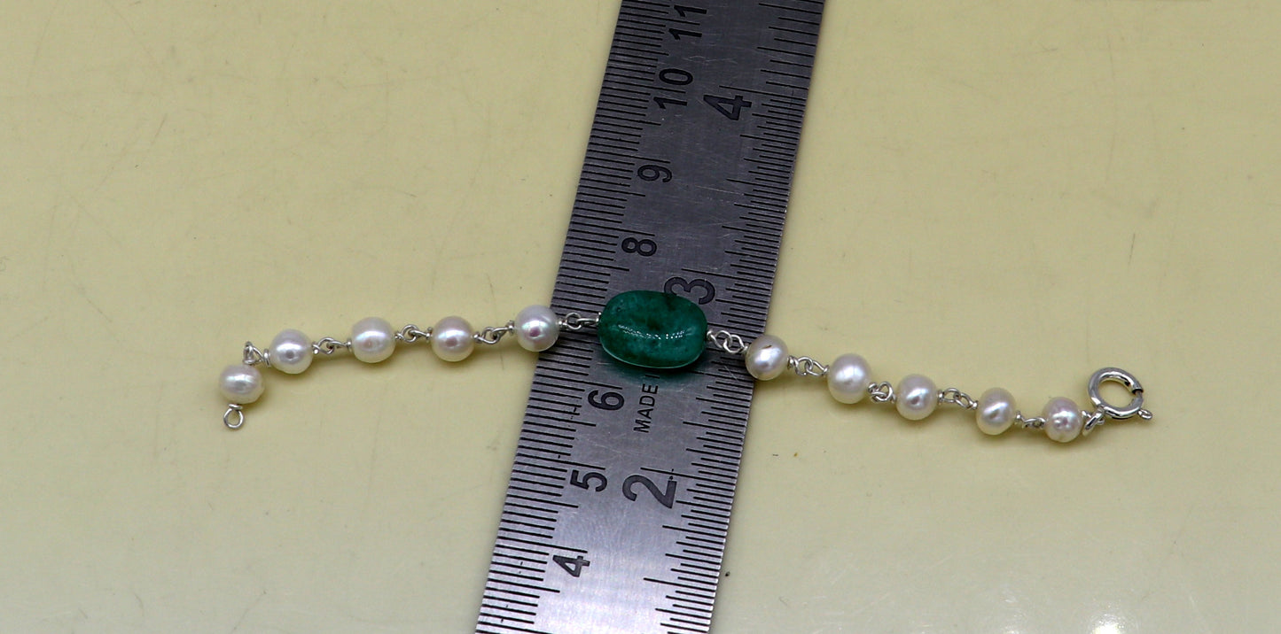 4.5 inches long handmade 925 sterling silver beaded bracelet, pearl and jade stone baby bracelet, unisex new born kids jewelry bbr5 - TRIBAL ORNAMENTS