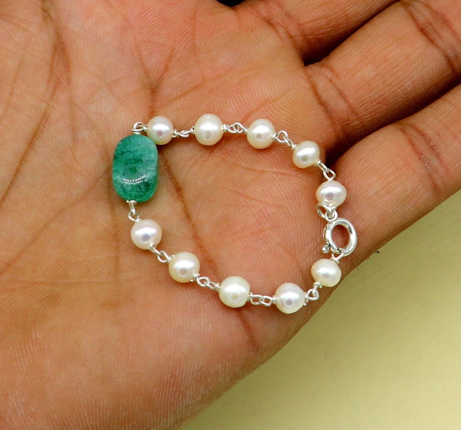 4.5 inches long handmade 925 sterling silver beaded bracelet, pearl and jade stone baby bracelet, unisex new born kids jewelry bbr5 - TRIBAL ORNAMENTS