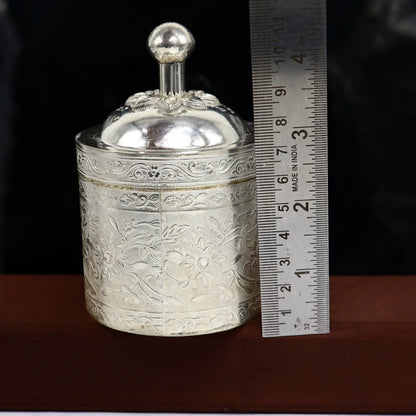 Vintage 4-inch 925 solid silver utensils jewelry box with floral designs, tribal ornaments branding, perfect for storing small keepsakes.