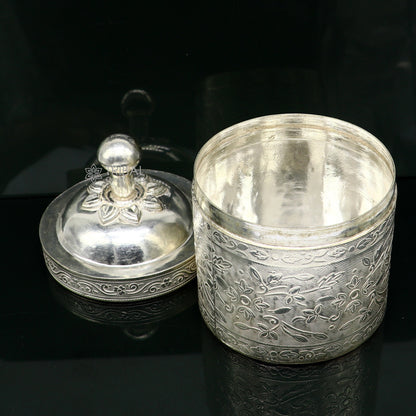 Vintage-style 4-inch 925 solid silver utensils jewelry and trinket box with floral work, crafted by TRIBAL ORNAMENTS.