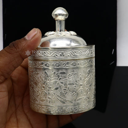 Vintage 4-inch 925 solid silver utensils trinket box with floral design, jewelry storage container, bridal silver casket by Tribal Ornaments.