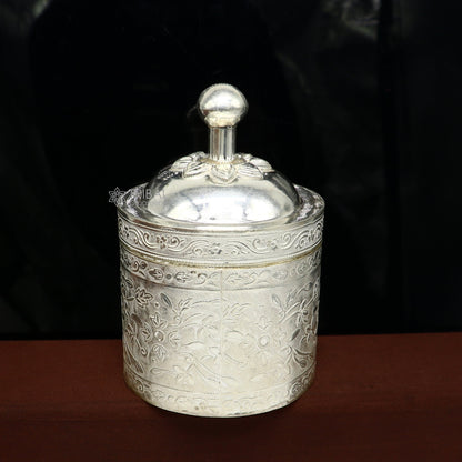Vintage 4-inch TRIBAL ORNAMENTS silver utensils jewelry trinket box with floral design, perfect for bridal or decorative storage.